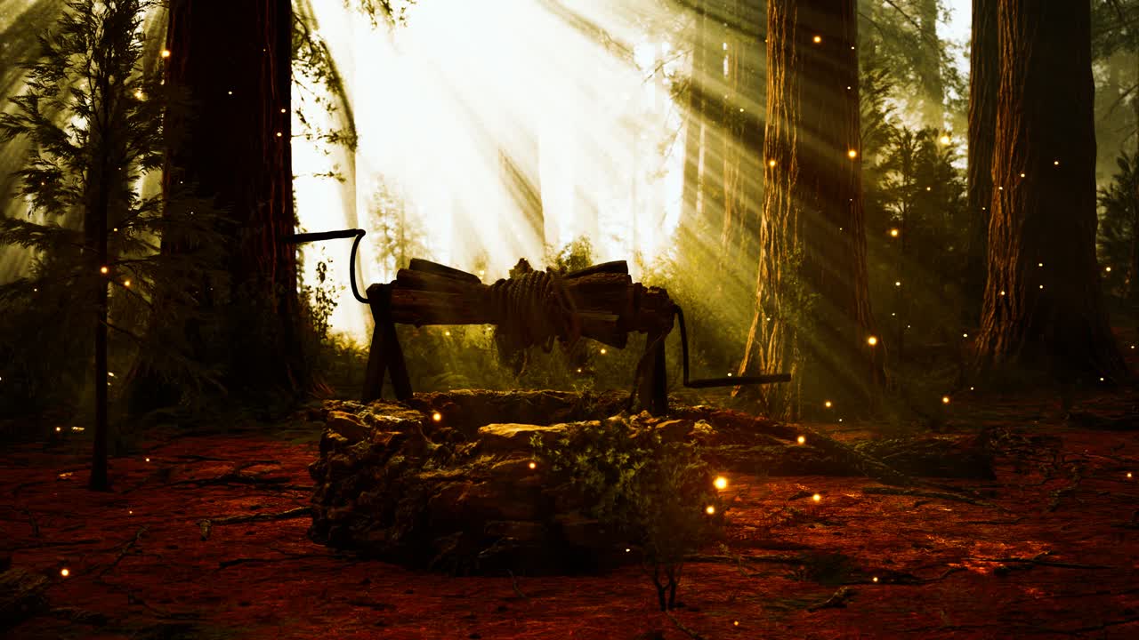 오래된 돌은 안개와 함께 숲에서 잘 그려