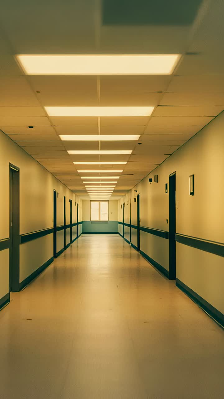 Vertical video: Sliding camera moving ahead in hospital corridor, showing ceiling lights and window
