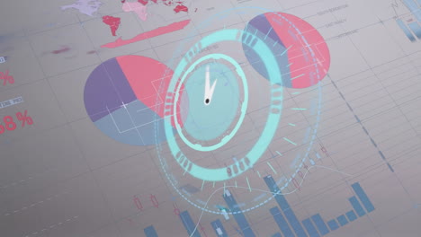 animation of moving clock over financial data processing on white background