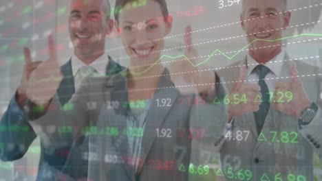 Animation-of-trading-board-over-smiling-diverse-businesspeople-standing-and-gesturing-thumbs-up