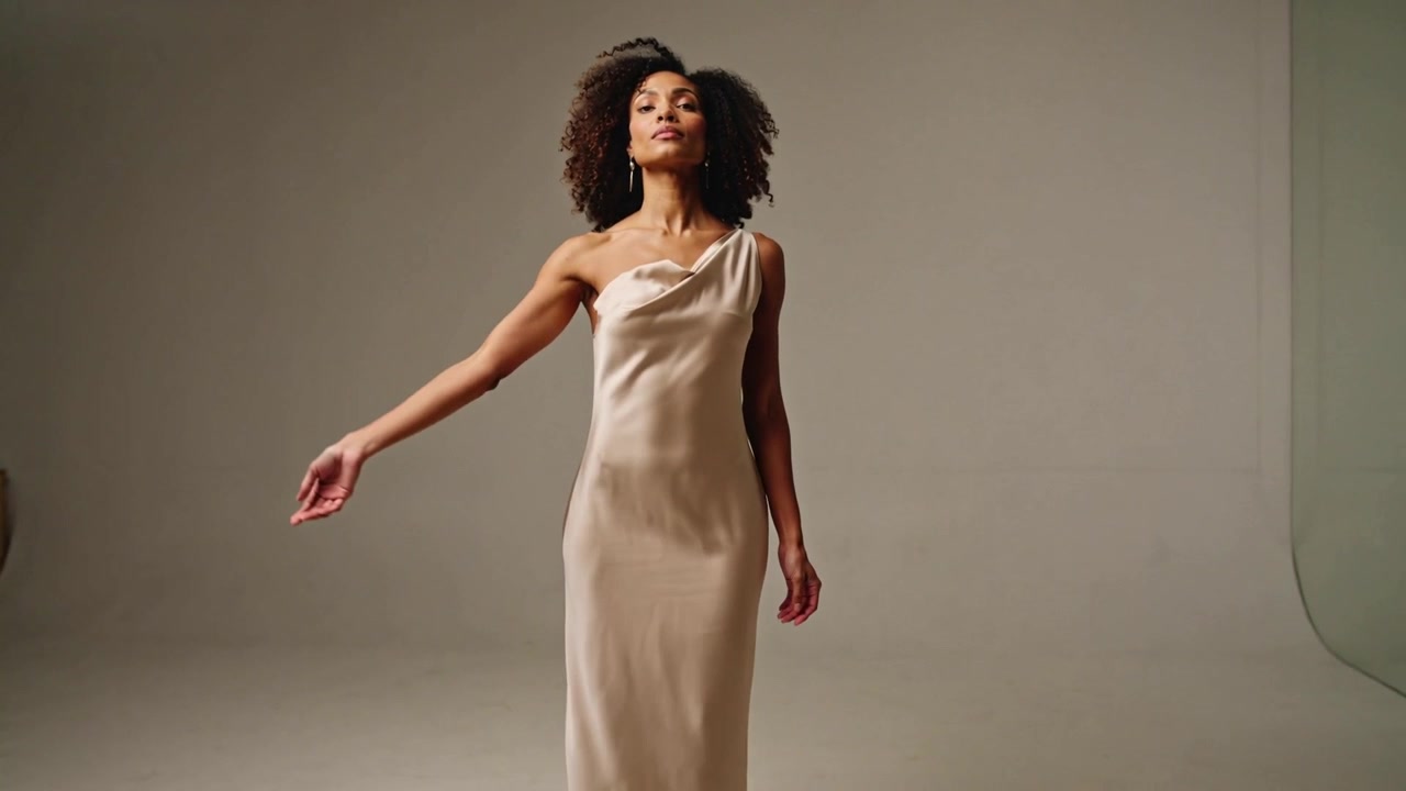 Rotating model on studio cue, squaring and extending right arm to show satin dress, drop earrings