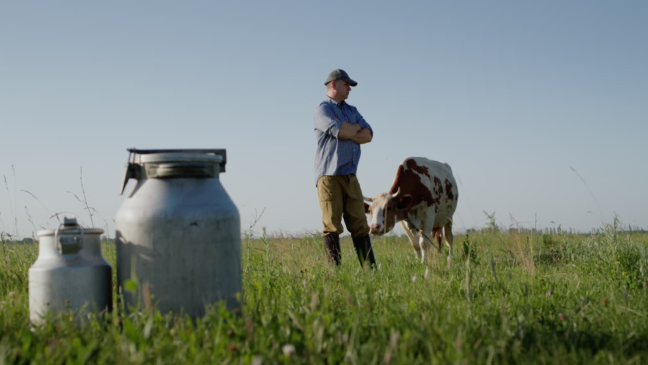 granjero orgulloso se encuentra en un pasto donde pastan sus vacas 1