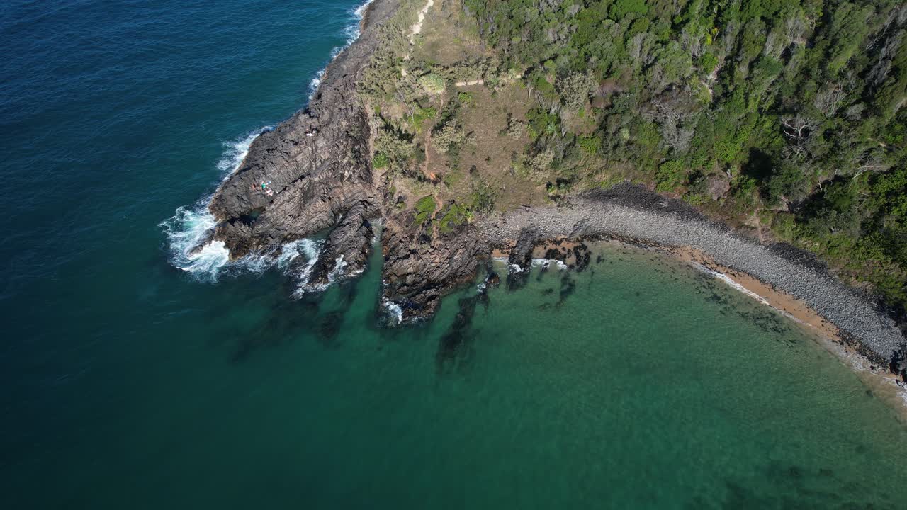 Fairy Pools Dramatic Headland With A Stone Beach In Noosa Heads National Park, QLD, Australia. Aerial Drone Shot
