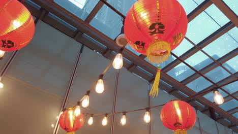 beautiful chinese lanterns decoration for lunar new year with plastic roof on the background