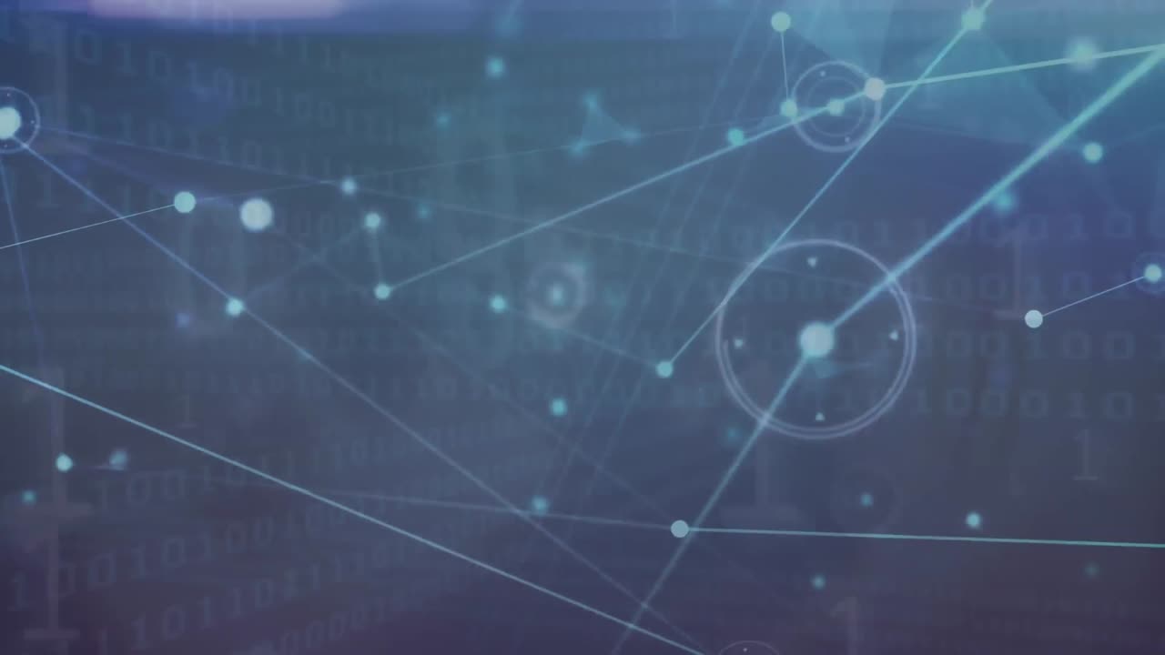 Animation of network of connections and light trails against light trails on blue background