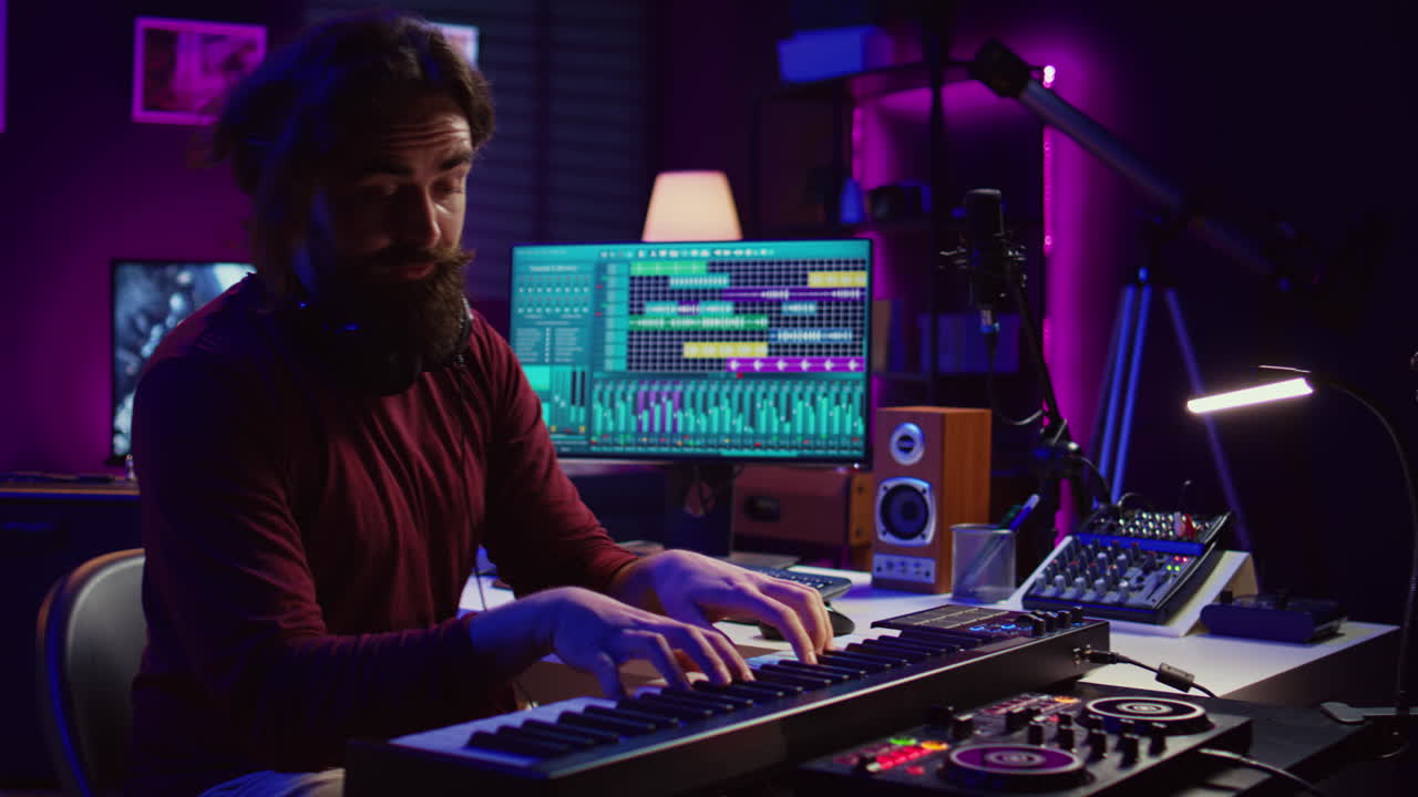 ingeniero de audio haciendo una sesión de grabación con un teclado de piano en un estudio casero