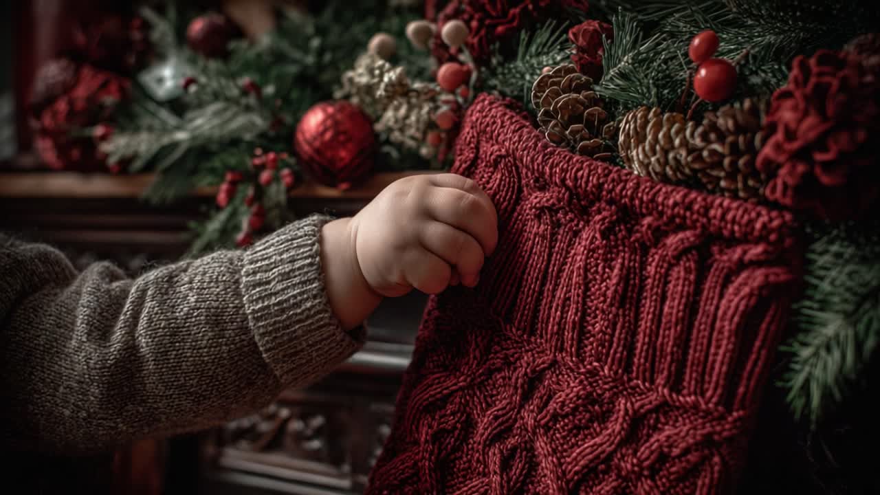 A Cherubic Child's Hand Reaches for a Festive Red Christmas Stocking Adorned with Evergreen, Pinecones, and Holly Berries, Capturing the Spirit of Holiday Anticipation