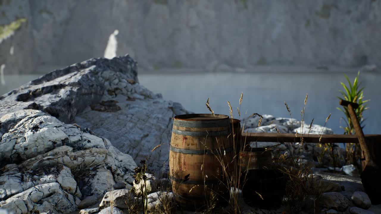 모래 해변 에 바다 물고기 가 있는 나무 통