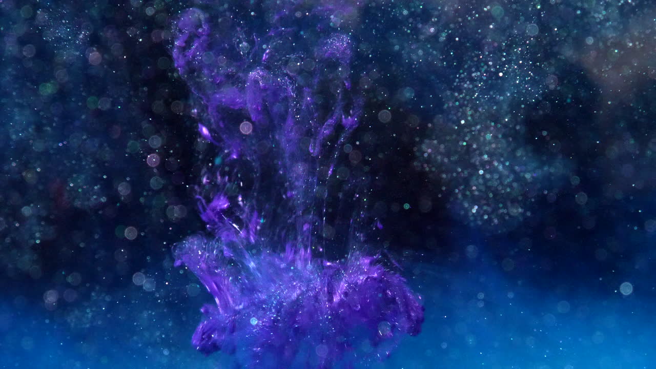 Metallic purple ink drop sci fi chemical flowing in liquid serum solution with particles and bokeh lights on a dark black background SLOW MOTION
