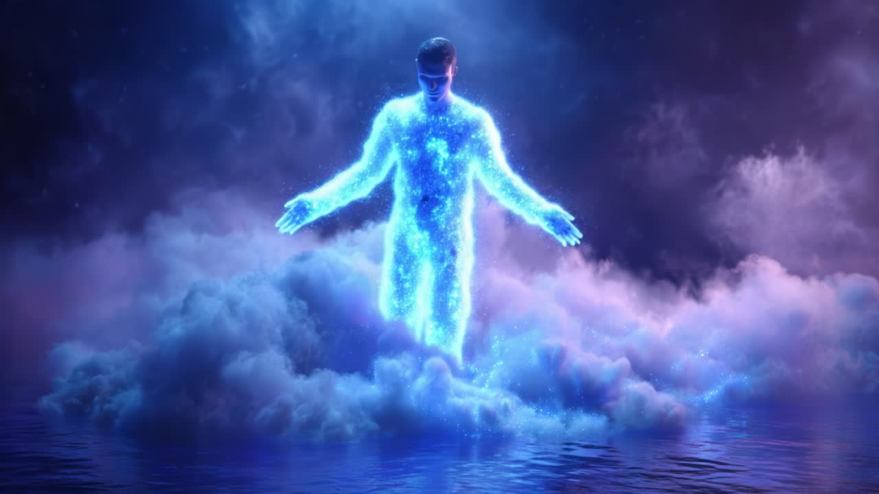 A luminous figure emerges from ethereal clouds, radiating an aura of cosmic energy and light, symbolizing transformation and the connection between worlds in a stunning visual spectacle