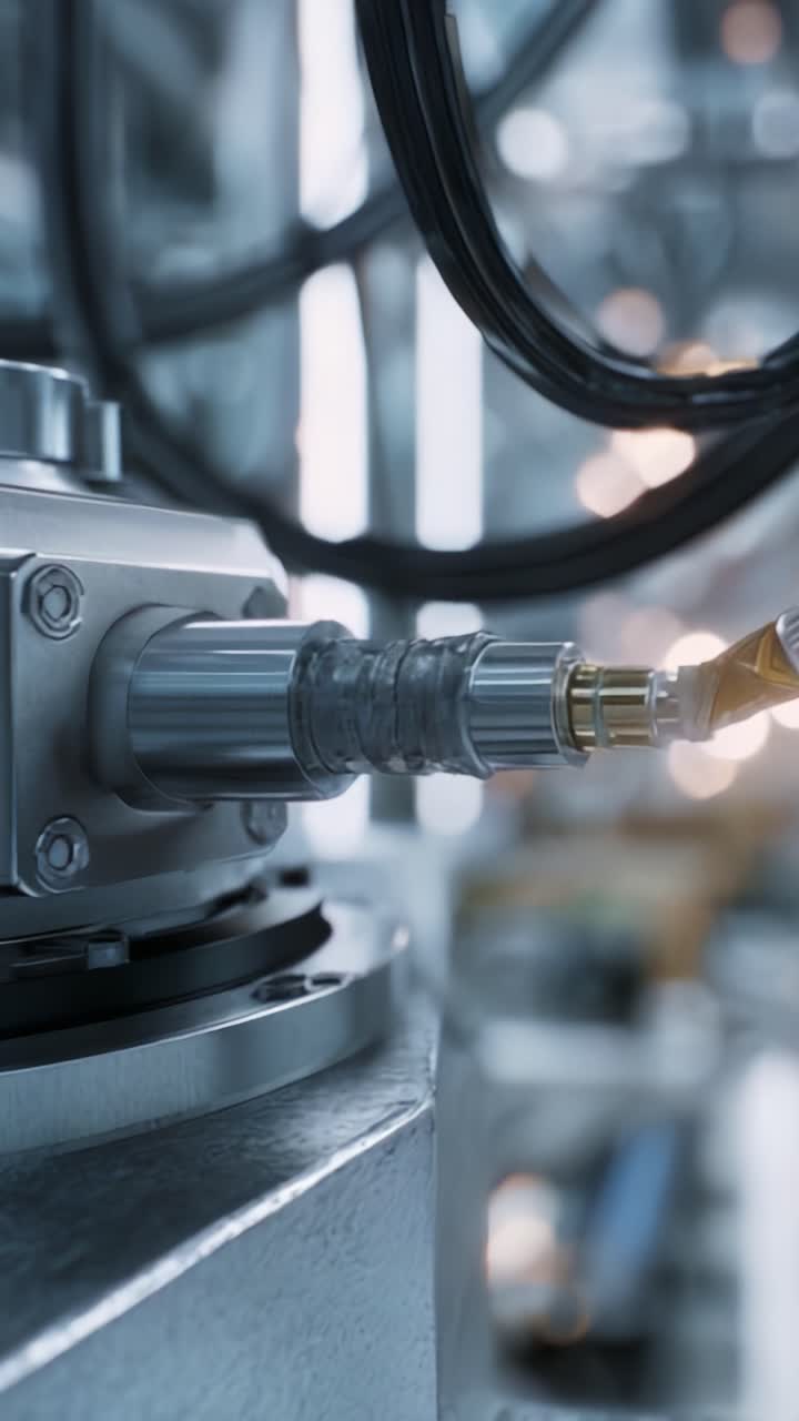 Detailed Close-Up of Industrial Mechanism Featuring a Fluid Connector and Moving Components Inside a High-Tech Manufacturing Environment