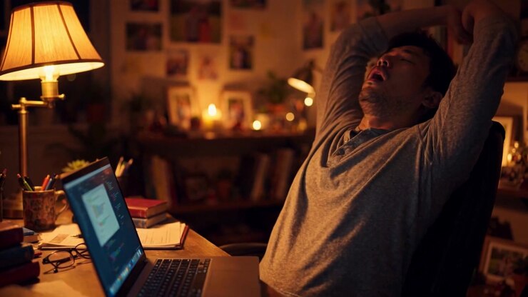 Tired Young Man Working On Laptop At Home Office Desk In Modern Office Setting
