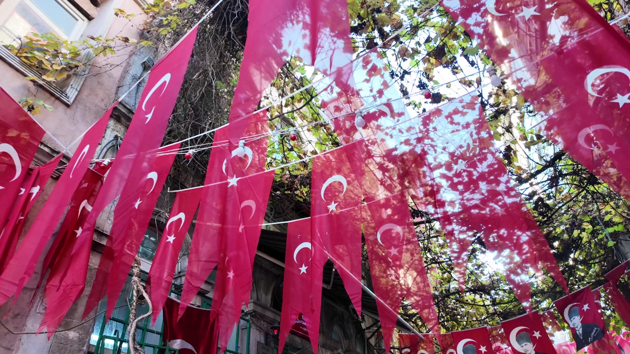 Red Turkish Flags and Atatürk Portraits Decorating an Urban Street