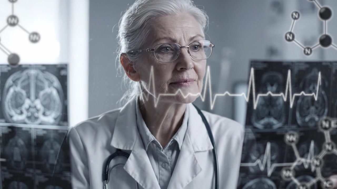 Professionista medico esperto che analizza scansioni cerebrali e dati sanitari, evidenziando la complessa relazione tra diagnostica, tecnologia e assistenza al paziente.