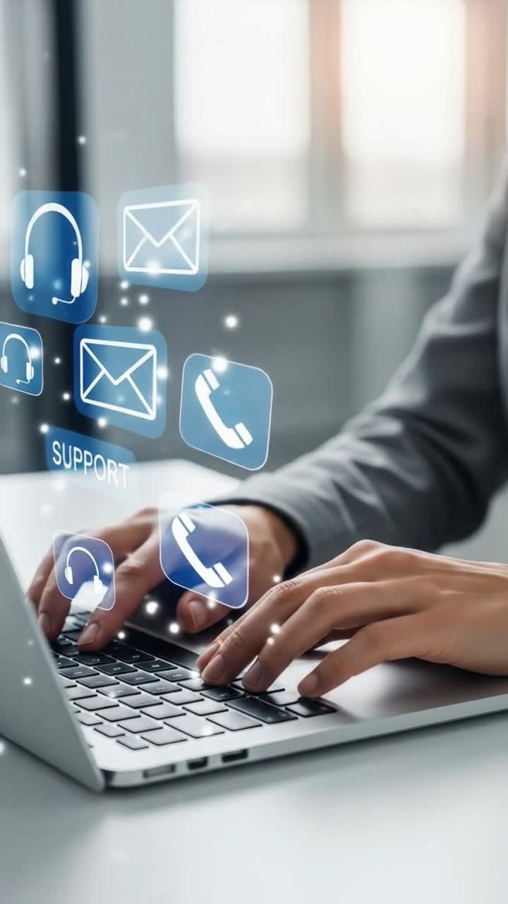 Concept of a digital helpdesk with phone, email, and chat support icons