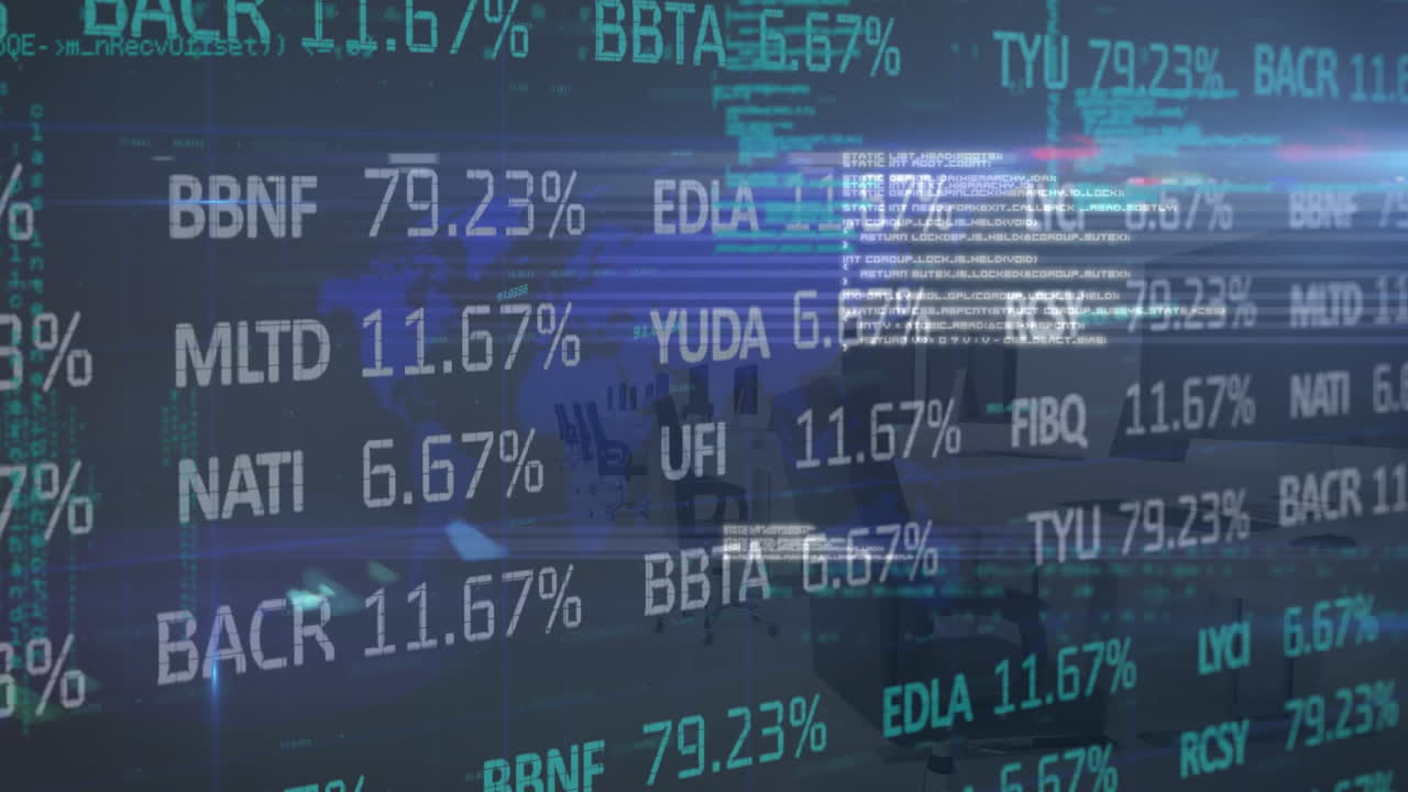 Animation of trading board, computer language over map against empty meeting room of office