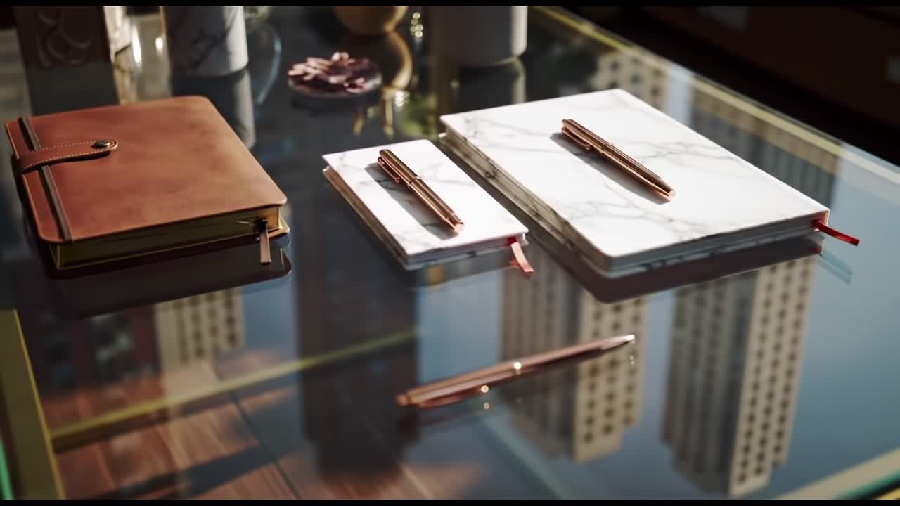 Aesthetic Workspace Showcase Featuring Elegant Leather and Marble Notebooks with Pen Arrangements on a Reflective Glass Desk Surface