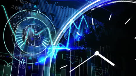 animation of digital data processing over scope scanning and world map