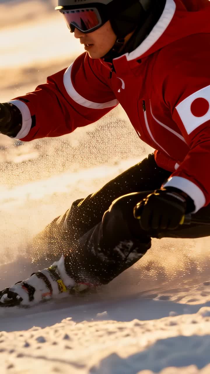 Video verticale: sci che incidono, sciatore che esegue una curva sulla pista per controllare la velocità, bastoncini, emblema della giacca rossa