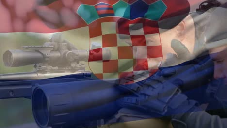 Animación-De-La-Bandera-De-Croacia-Sobre-Un-Soldado-Caucásico-Con-Arma.