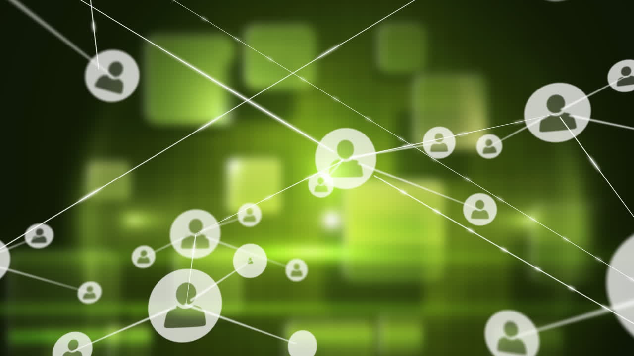 검은 바탕에 녹색 사각형 모양에 대한 연결 네트워크의 디지털 애니메이션