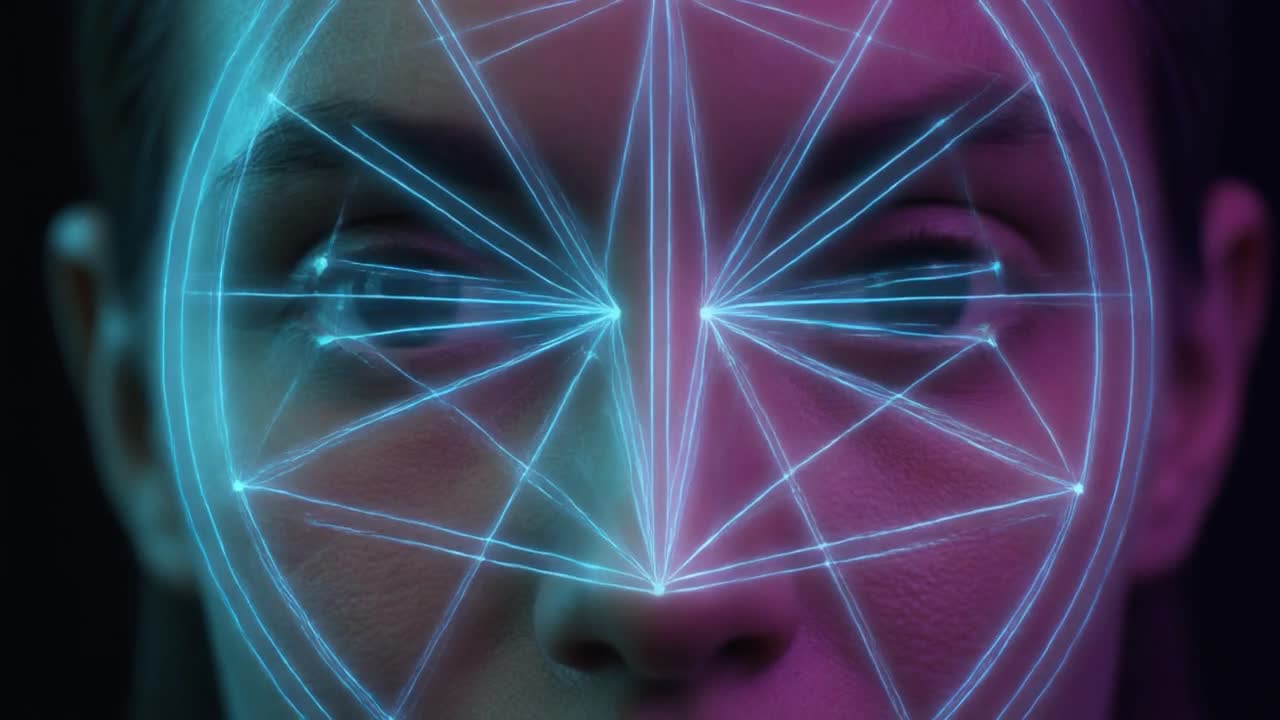 Close-up of Woman's Face with AI Facial Recognition Scan