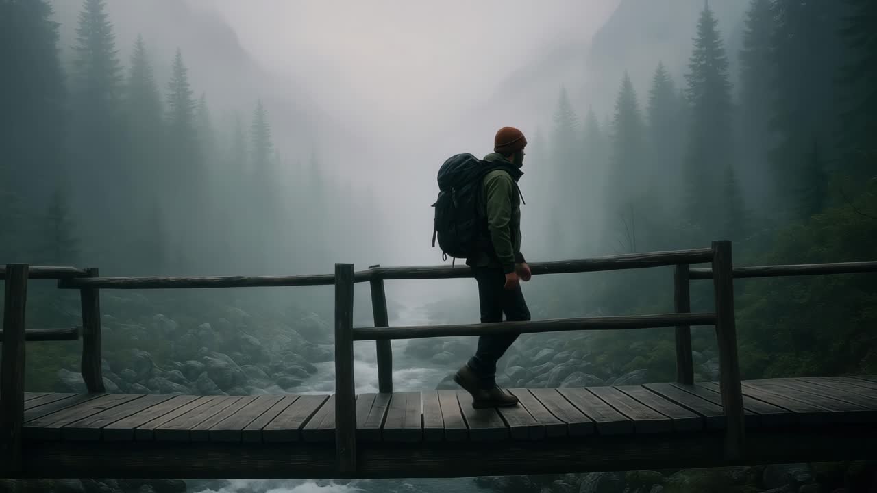 A traveler on a wooden bridge in a misty forest, captured from a side angle