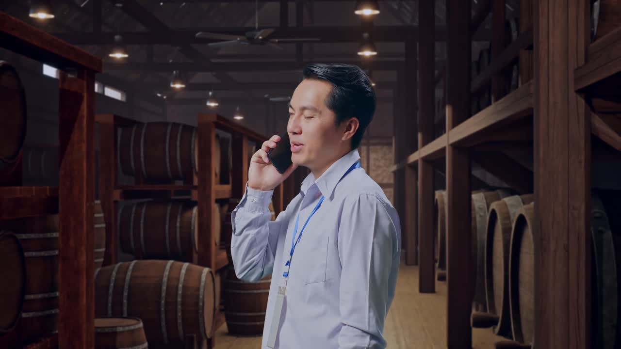 Side View Asian Male Professional Worker Standing In Cellar Of Winery, He Pick The Phone Up And Started To Specking To It With A Slicely Smile