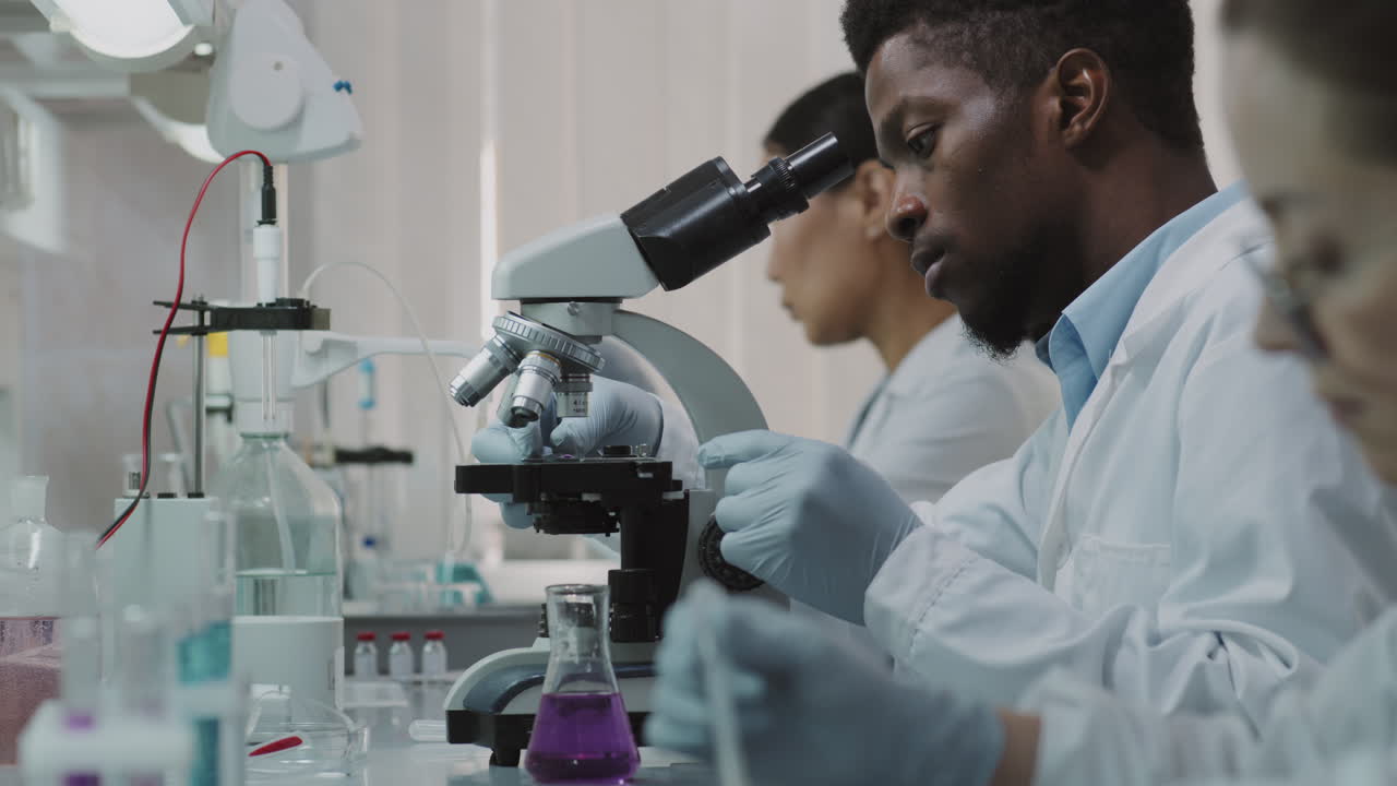 Scientists in Lab Coats and Gloves Doing Research