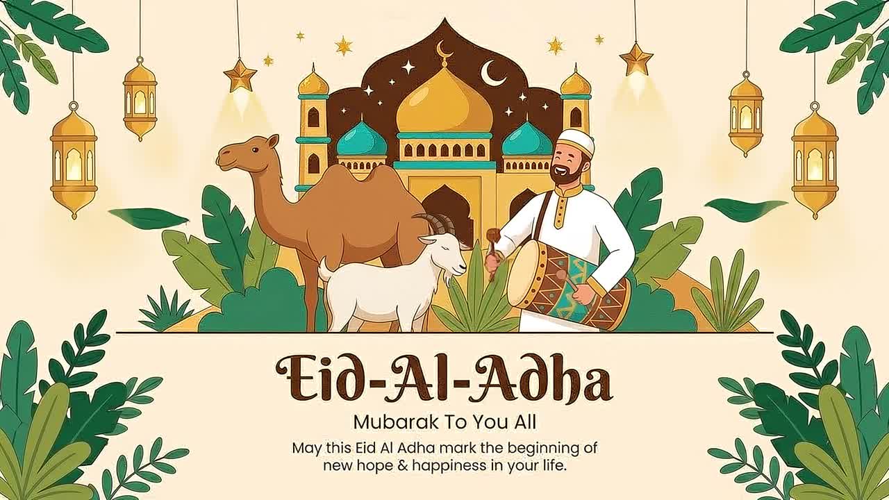 Animazione banner di auguri Eid Al Adha con moschea, cammello, capra e illustrazione di un tamburino tradizionale