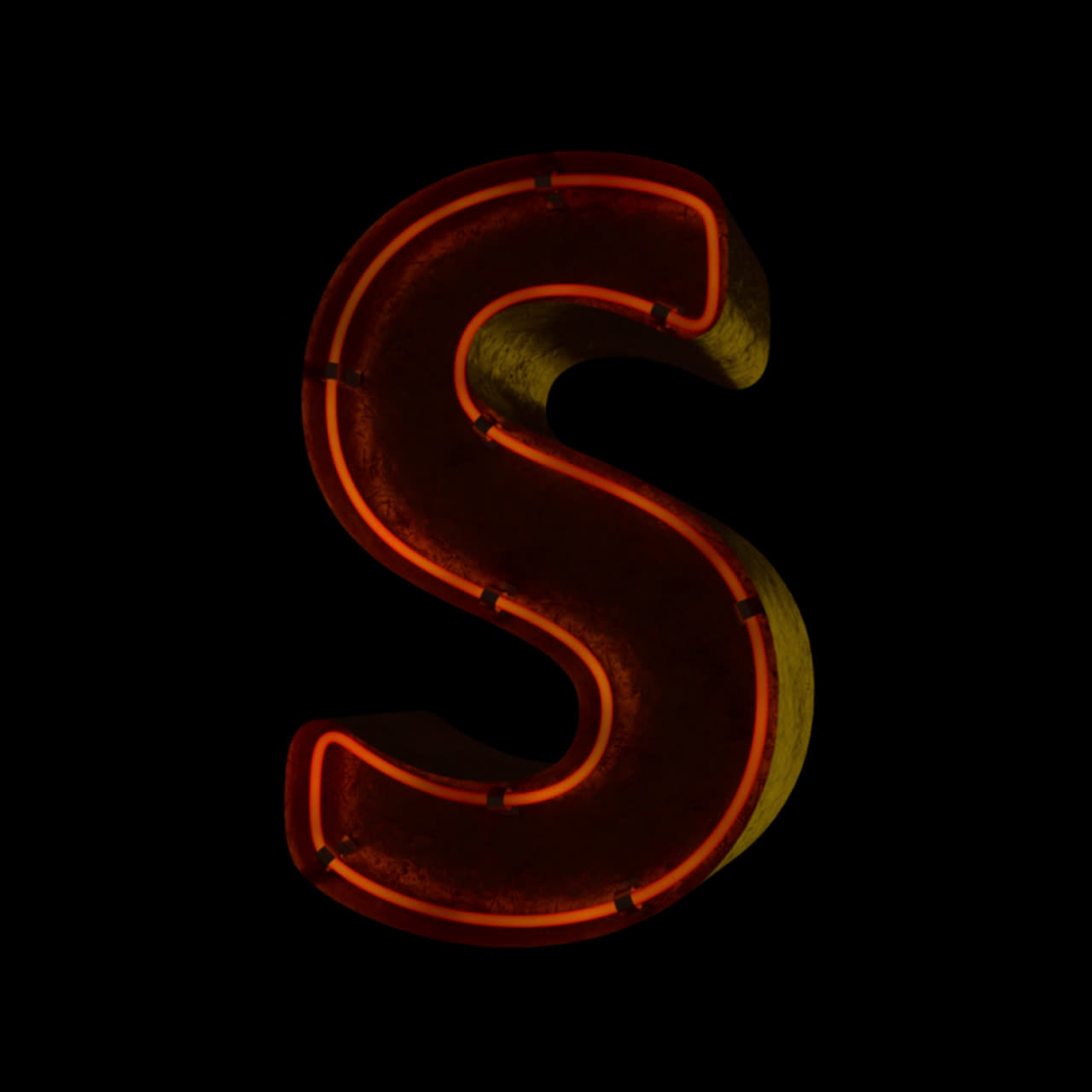 3D Neon Letter S Illuminating with Spark on Black Background