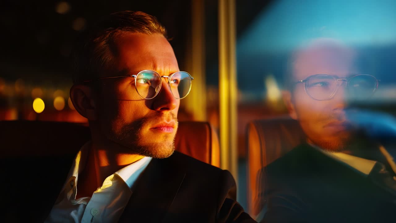 A contemplative man gazes introspectively out the window during a serene moment, capturing the essence of deep thought and reflection in a softly lit environment accentuated by evening hues