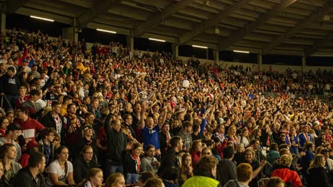 vibrant crowd of enthusiastic fans cheering and celebrating in a packed venue, capturing a moment of shared excitement and energy at a live event