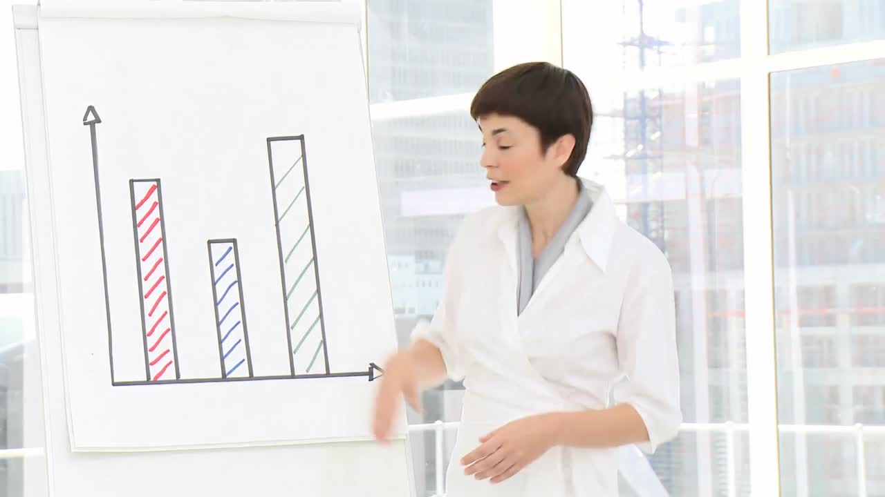 mujer de negocios caucásica presentando estadísticas