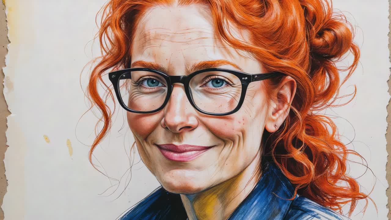 Opening showing red-haired woman in collared top turning head left back in studio, showing glasses