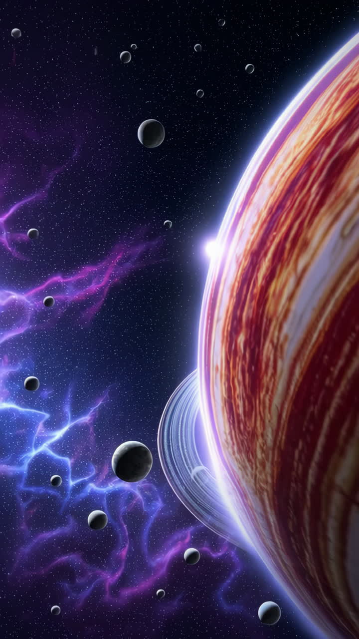 Vast Cosmic Landscape with a Ringed Gas Giant, Moons, and Nebulae