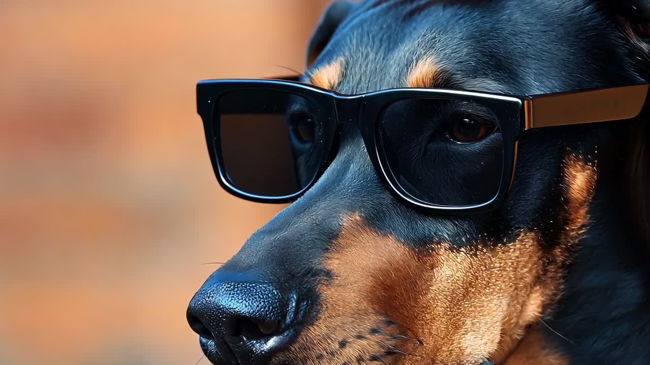 Stylish German Pinscher wearing black sunglasses, striking multiple poses with quirky canine attitude and lighthearted expression