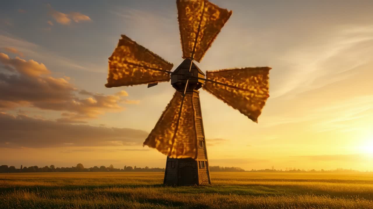 Majestic Windmill Against a Beautiful Sunset in an Open Field, Showcasing Nature's Beauty and Renewable Energy in a Tranquil Landscape
