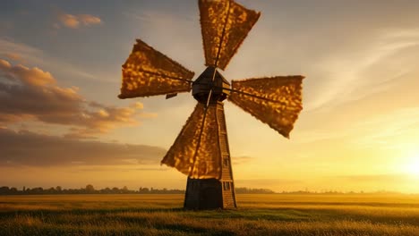 majestic windmill against a beautiful sunset in an open field, showcasing nature's beauty and renewable energy in a tranquil landscape