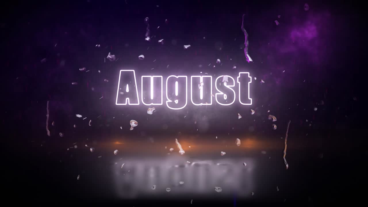 cartel de luces de neón de agosto revelado a través de una tormenta con luces parpadeantes