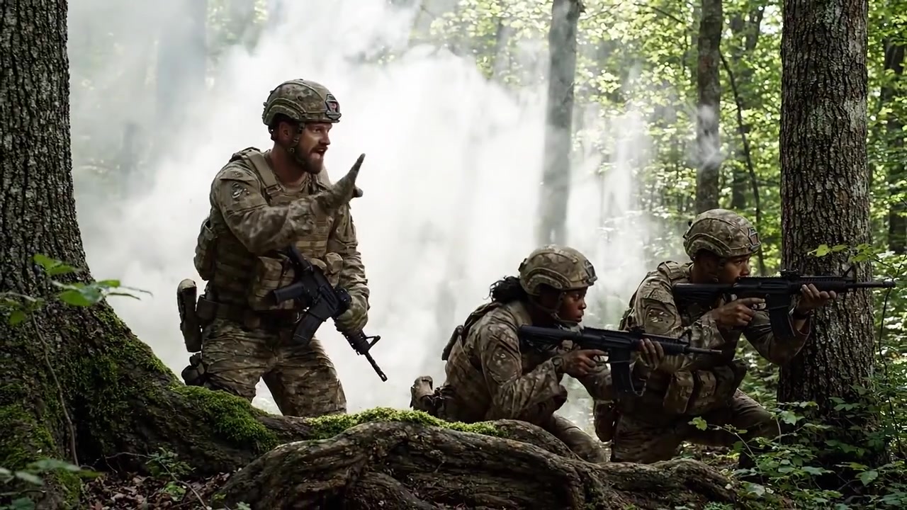 Personale militare in formazione tattica si muove attraverso una fitta foresta con luce naturale che filtra tra gli alberi durante un'operazione furtiva.