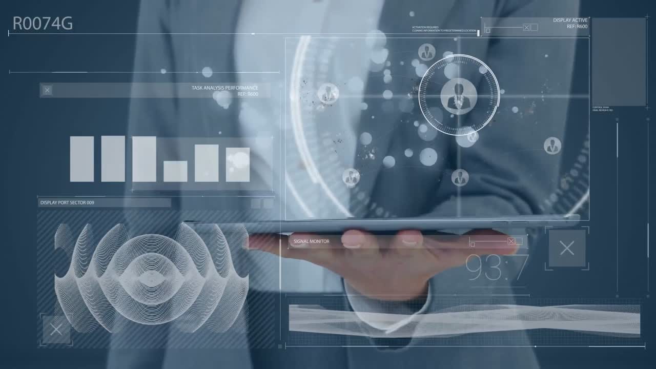 태블릿을 들고 있는 백인 사업가에 대한 데이터 처리의 애니메이션