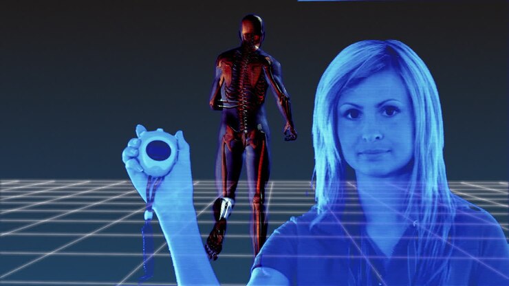 Woman doctor takes the time during a human body is running