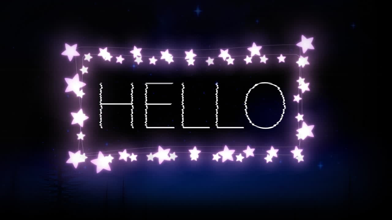animación de hello sobre el marco hecho de estrellas y fondo negro