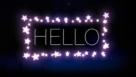 animación de hello sobre el marco hecho de estrellas y fondo negro