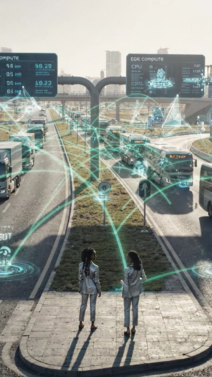 Due individui in abbigliamento futuristico osservano un'autostrada trafficata piena di camion, mentre sovrapposizioni digitali illustrano tecnologia avanzata e sistemi interconnessi