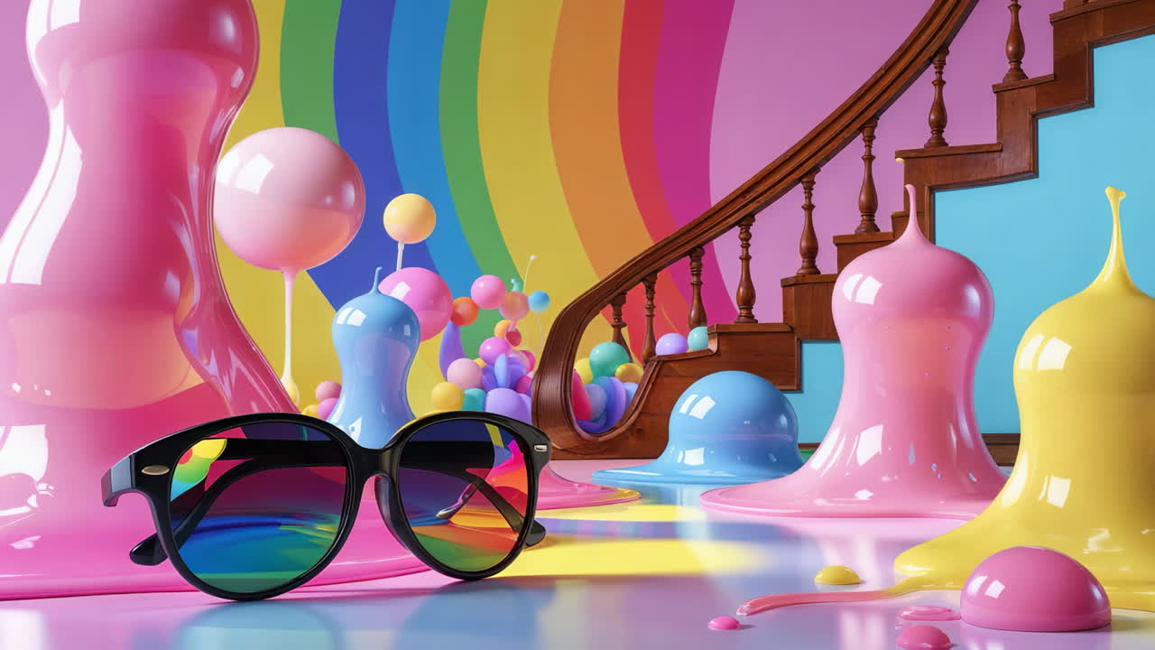 A Whimsical and Colorful Scene with Melting Forms, a Rainbow Wall, and Sunglasses