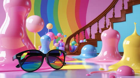 a whimsical and colorful scene with melting forms, a rainbow wall, and sunglasses