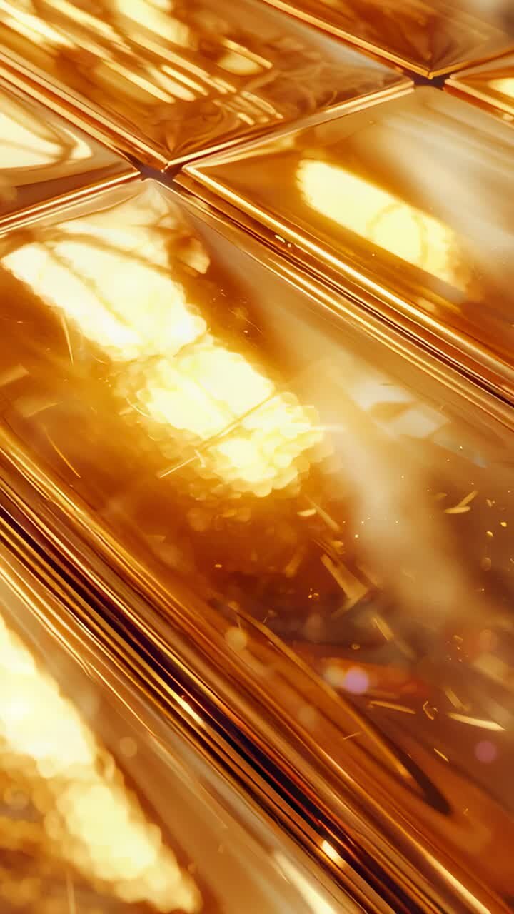 Vertical video: Camera starting on seam, gold tiles revealing panels and drifting sparks in studio