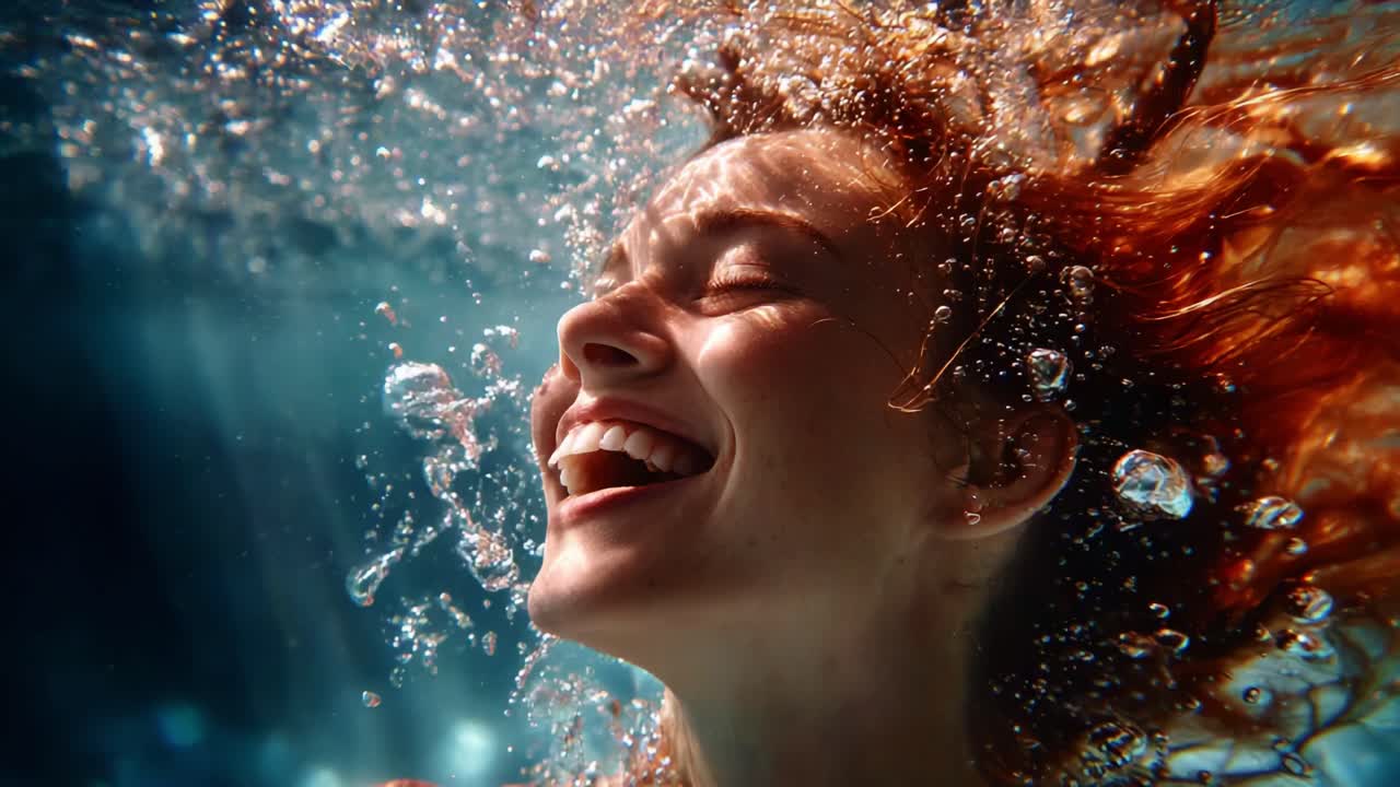 Joyful Moments Under Water: A Woman's Delightful Experience of Swimming with Exuberance and Serenity as Bubbles Dance Around Her, Captured in Vibrant Underwater Frames